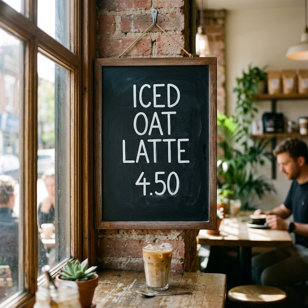 A hand-lettered chalkboard cafe menu that reads 'ICED OAT LATTE 4.50' in clean sans-serif, morning window light, shallow depth of field
