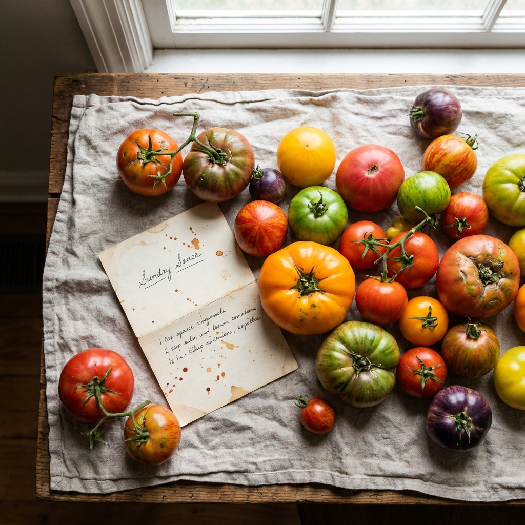 Ultra-detailed still life of heirloom tomatoes on linen with a folded recipe card that reads 'Sunday Sauce', overhead, natural light