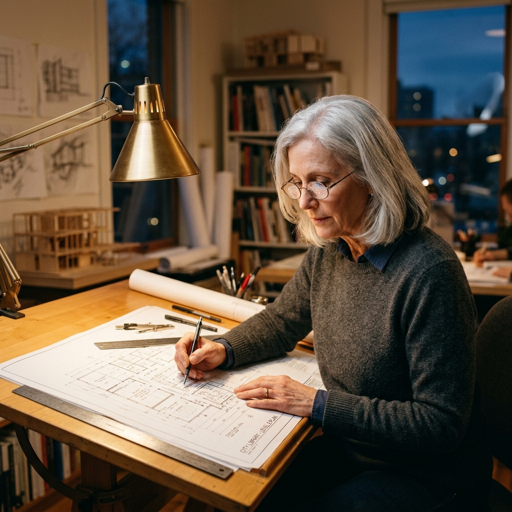 Portrait of a silver-haired architect at a drafting table, 85mm lens look, warm tungsten desk lamp, blueprint reflections in her glasses