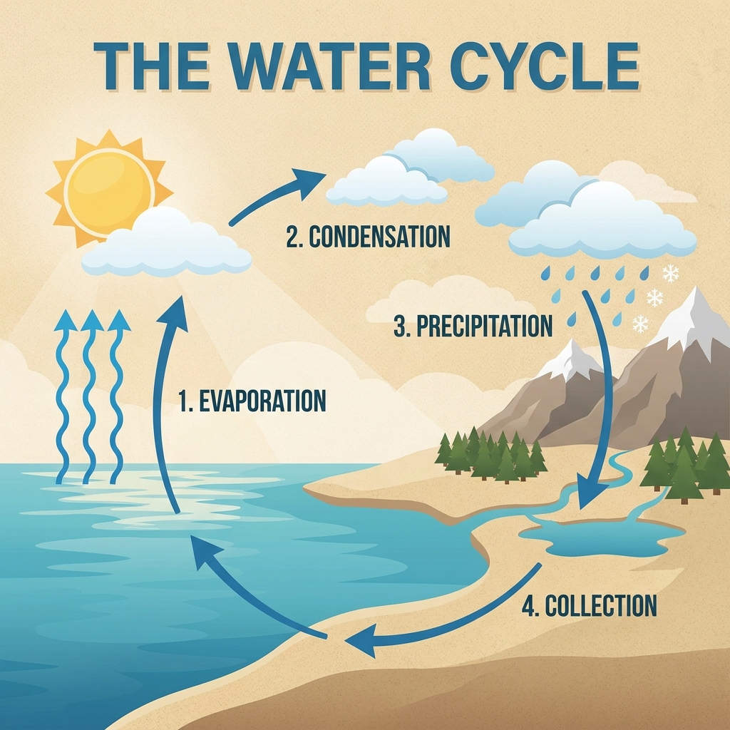 Infographic-style poster of the water cycle with four labeled stages, flat illustration, readable labels, ocean blue and sand palette