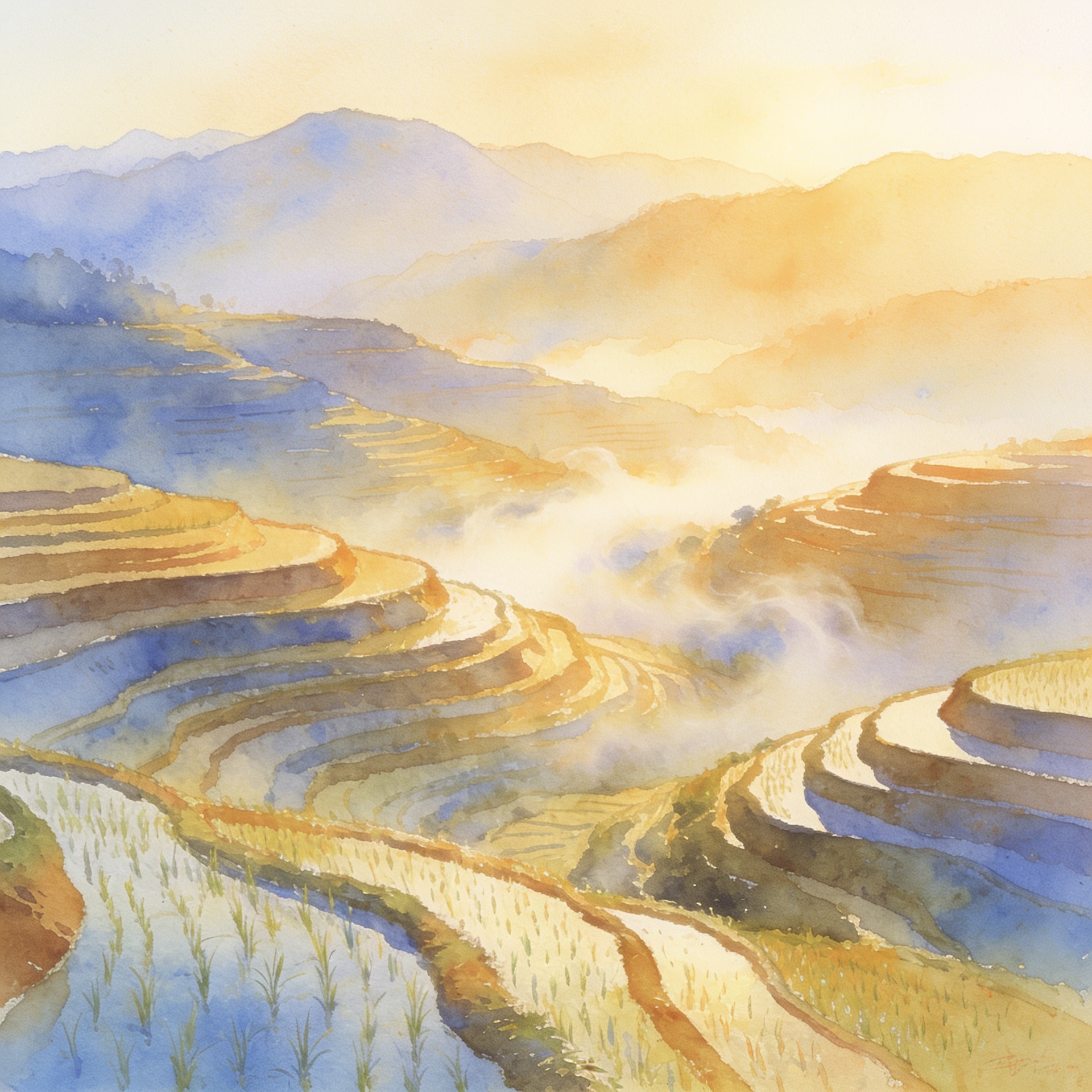Painterly landscape of terraced rice fields at dawn, mist in the valleys, soft gouache texture