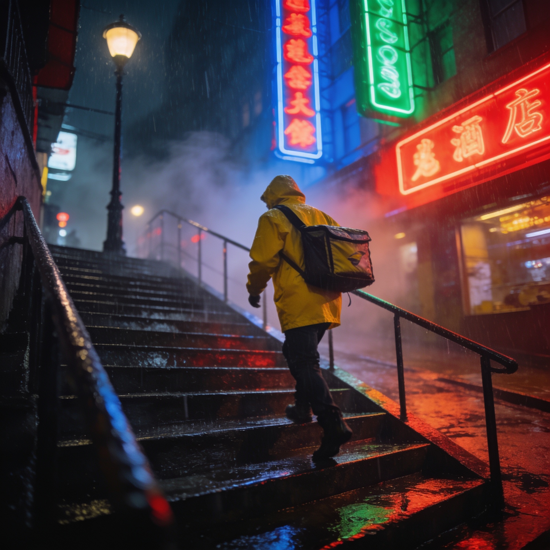 Cinematic street scene in Chongqing at night, rain-slick stairs, neon signs, a courier in a yellow raincoat, 35mm film grain
