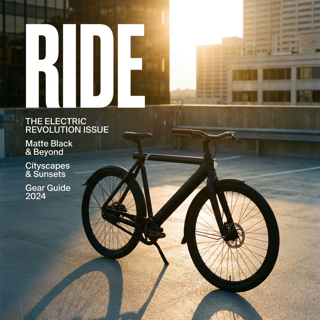 Magazine cover composition: a matte black electric bike on a rooftop at golden hour, bold headline text 'RIDE' top left in condensed type, clean layout