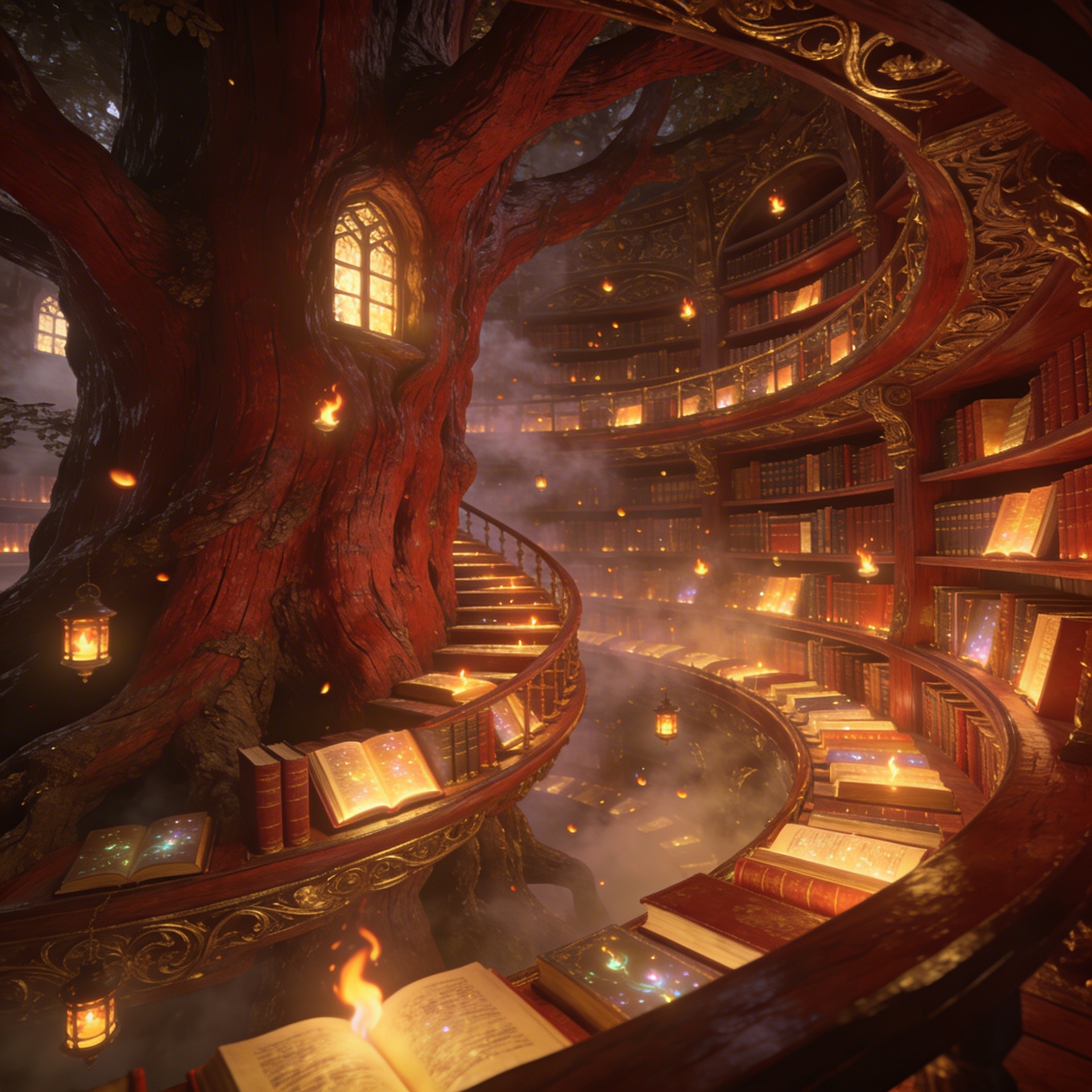 Ancient library carved inside a living redwood tree, thousands of glowing books on spiral shelves, warm amber light, mist