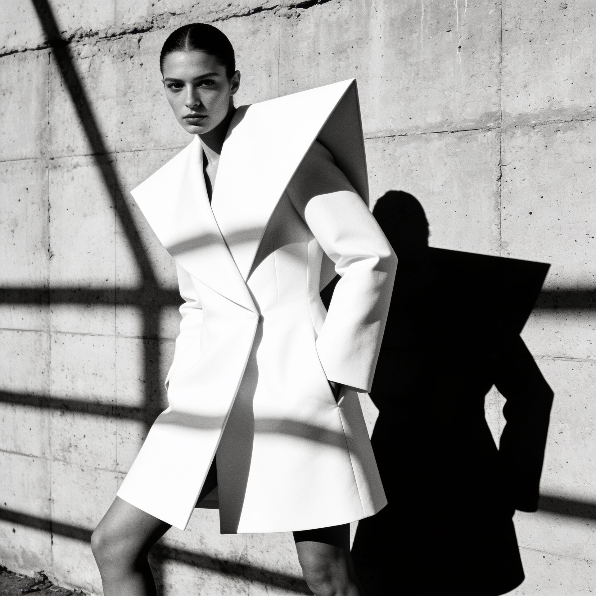 Fashion editorial: a model in a sculptural white coat against a raw concrete wall, hard midday shadow, high contrast