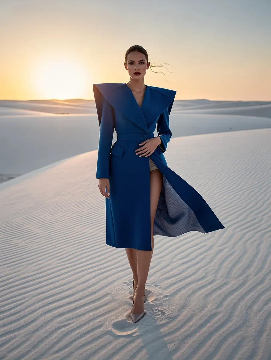 An editorial shot of a cobalt coat in white dunes — a real FLUX.2 Pro run