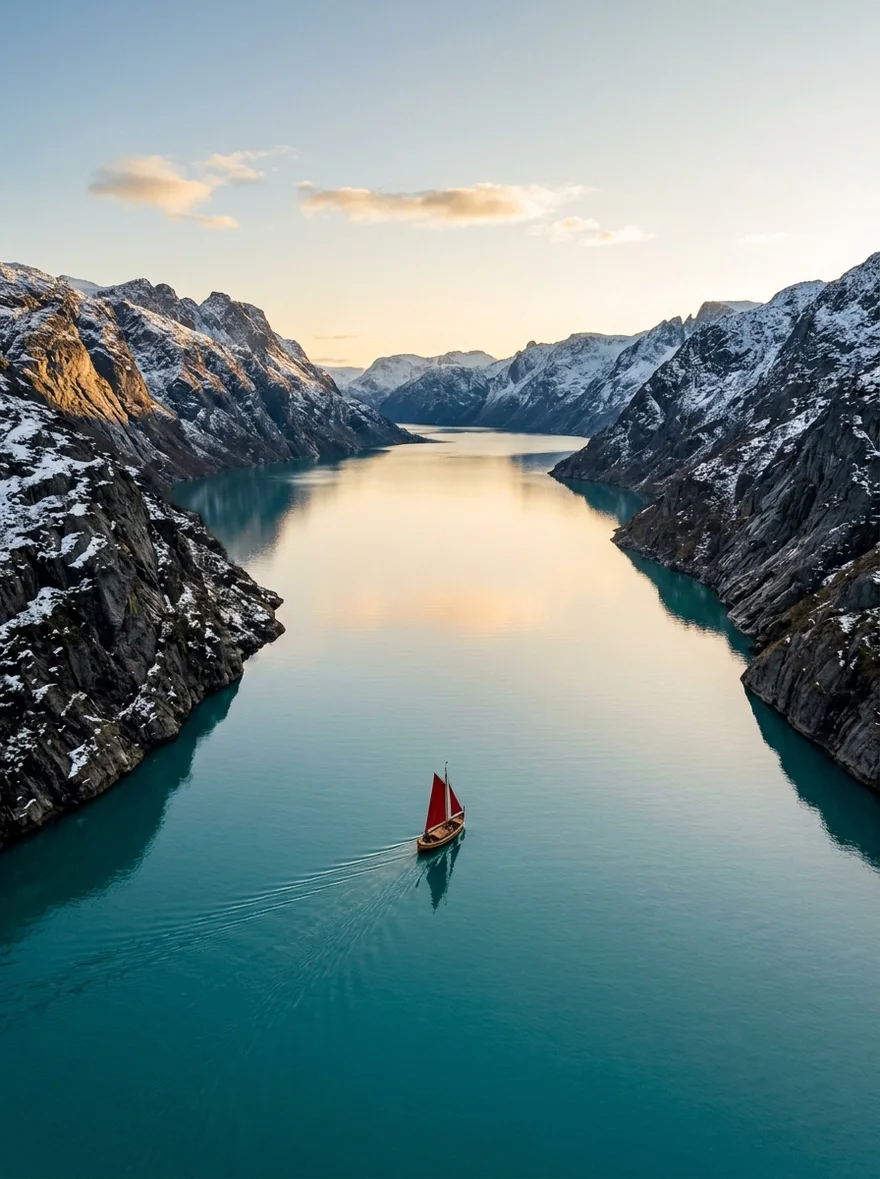 A red-sailed boat crossing a mirror-still turquoise fjord — a real Nano Banana 2 run