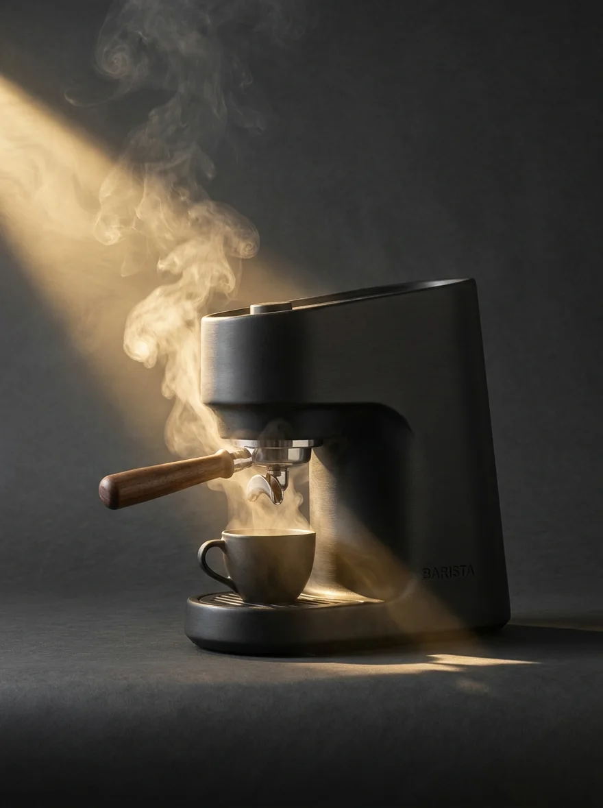 A matte espresso machine in a shaft of morning light — a real Nano Banana Pro run