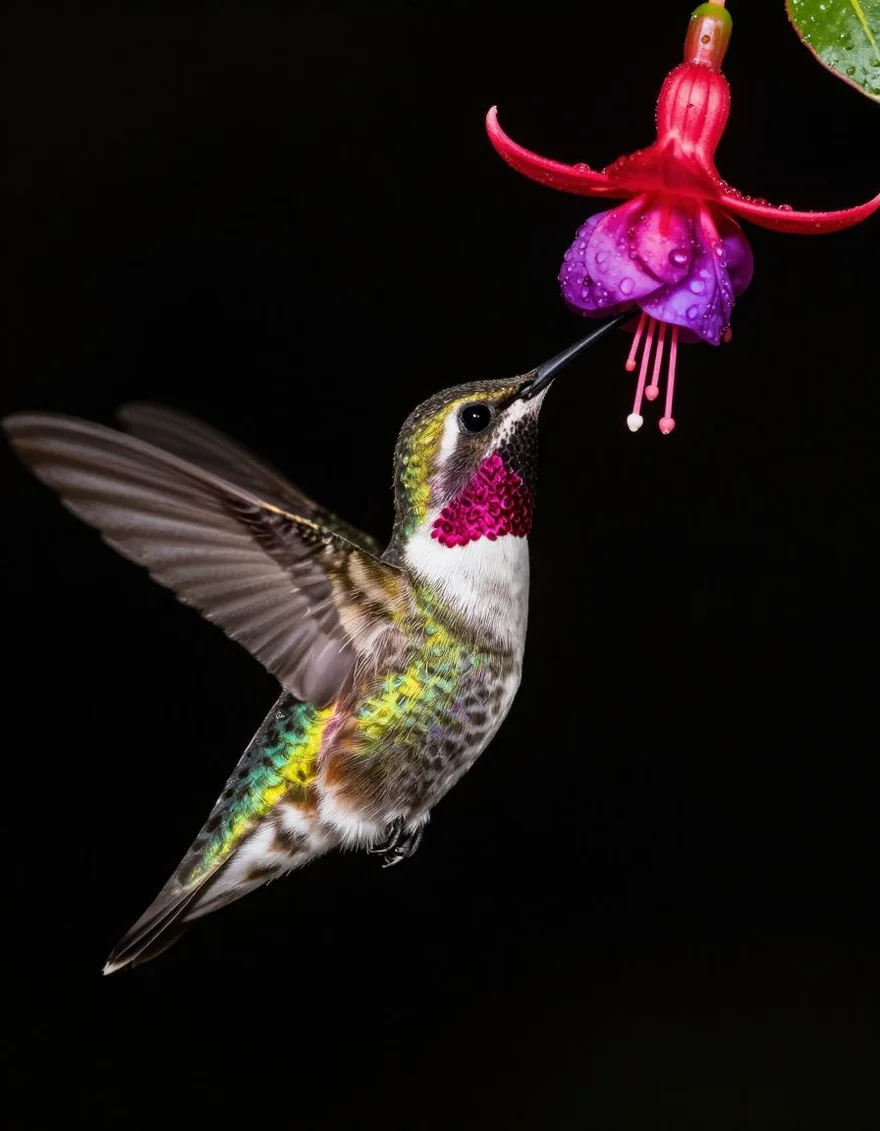 A hummingbird frozen mid-air at a fuchsia flower — a real Z-Image Turbo run