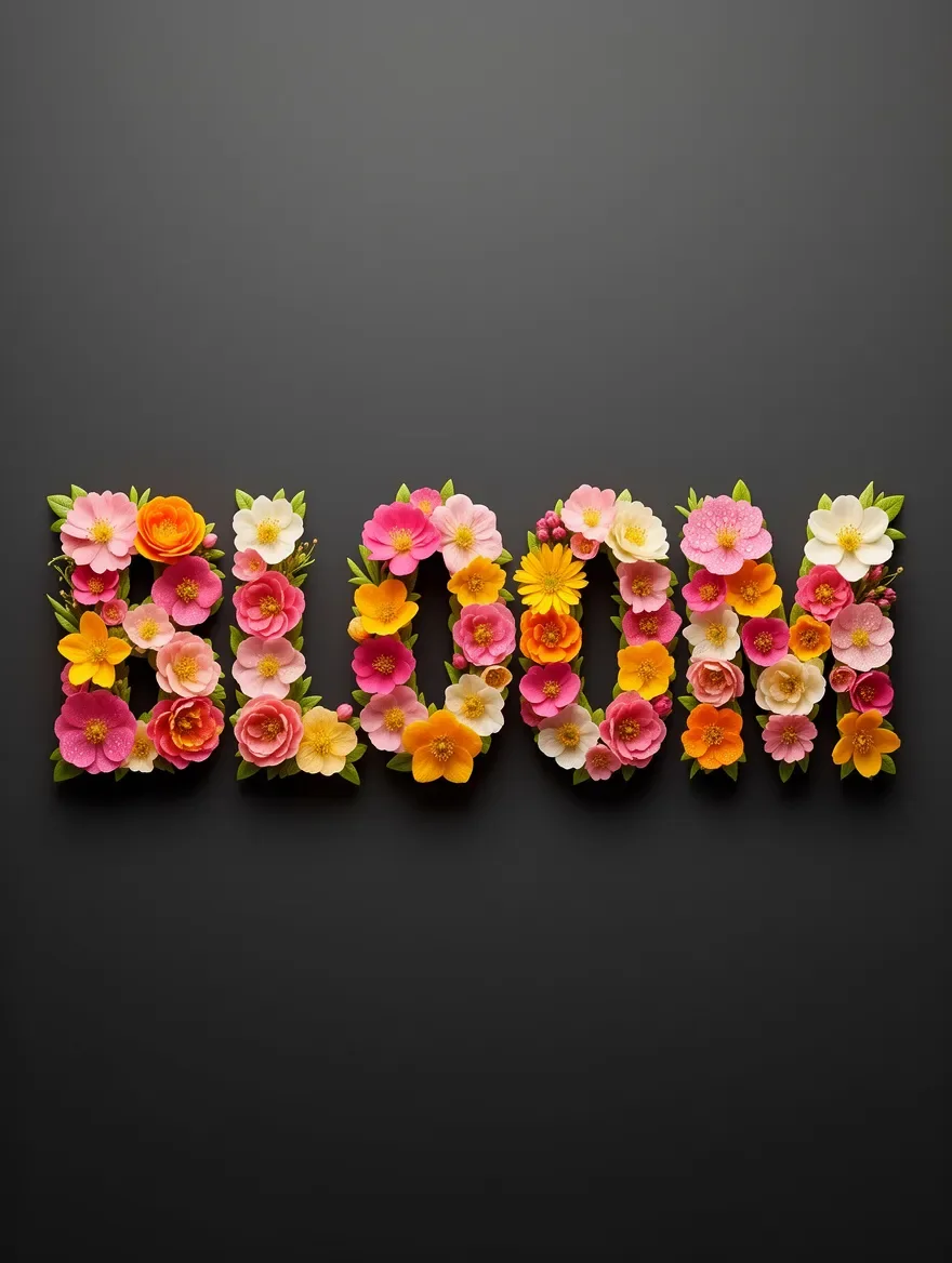 A bold typographic poster where the word BLOOM is built from real macro flowers, on charcoal