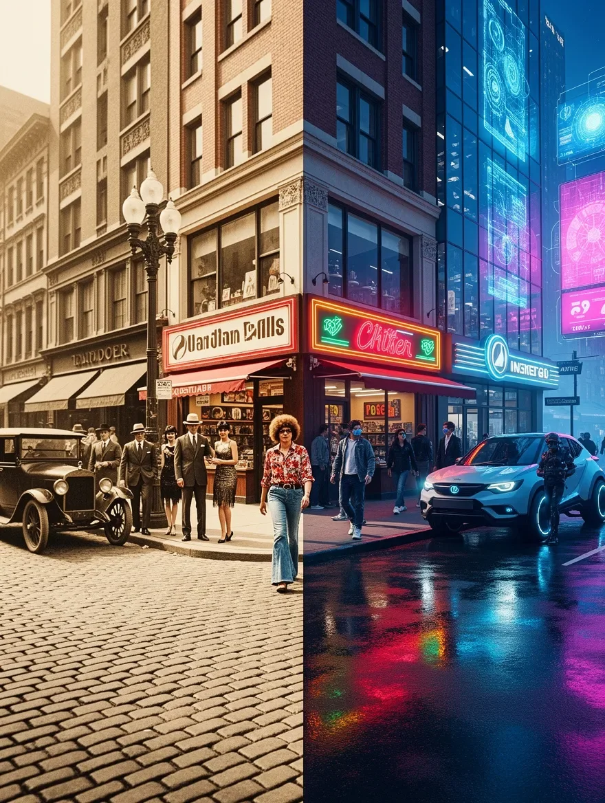 One street corner blending three eras seamlessly: 1920s sepia on the left, 1970s kodachrome in the center, 2026 neon on the right