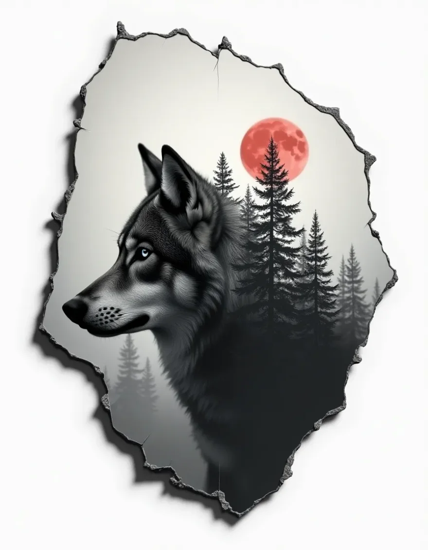 Double exposure of a wolf and a pine forest inside a shattered mirror shard, monochrome with a single red moon