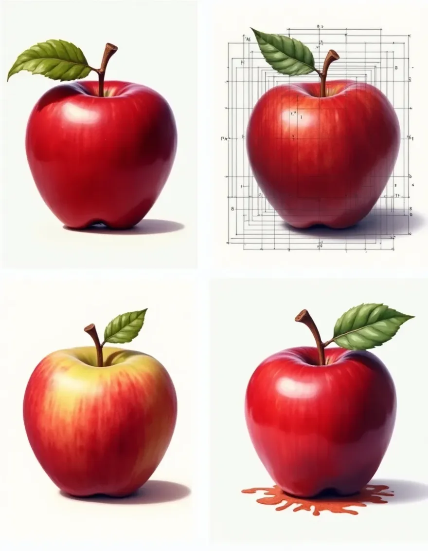 A 2x2 grid showing one red apple in four completely different art styles: photograph, technical blueprint, loose watercolor, liquid chrome