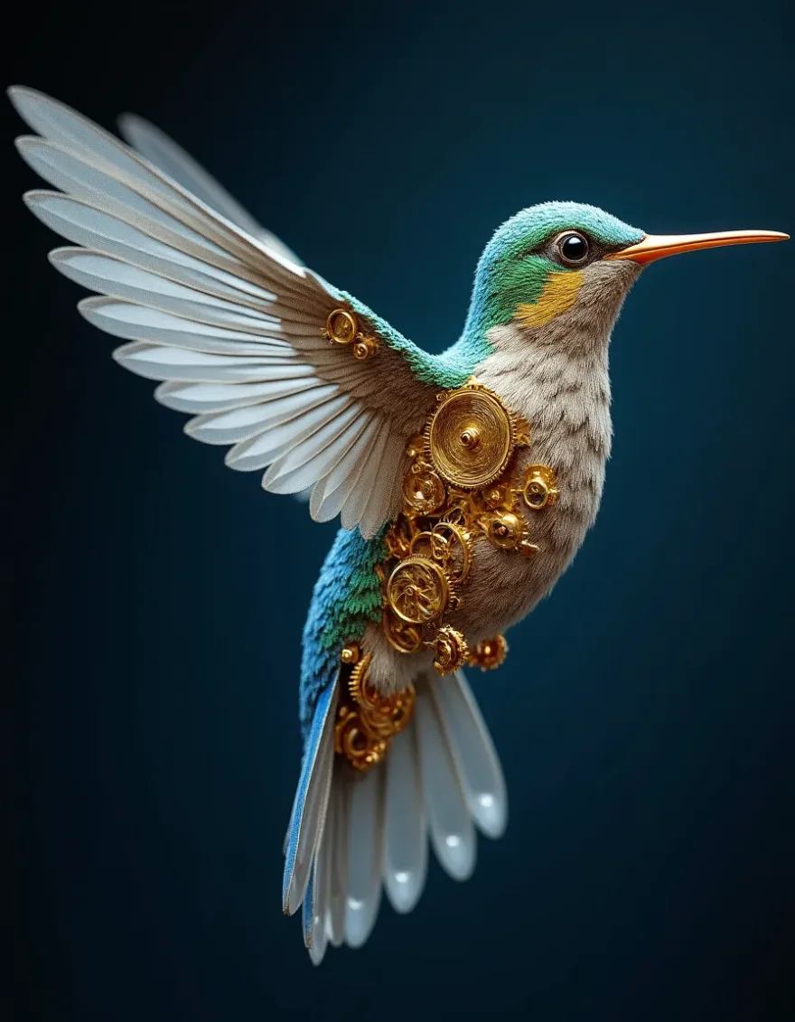 Exploded-view render of a mechanical hummingbird, brass gears and sapphire feathers suspended in perfect alignment, engineering beauty shot