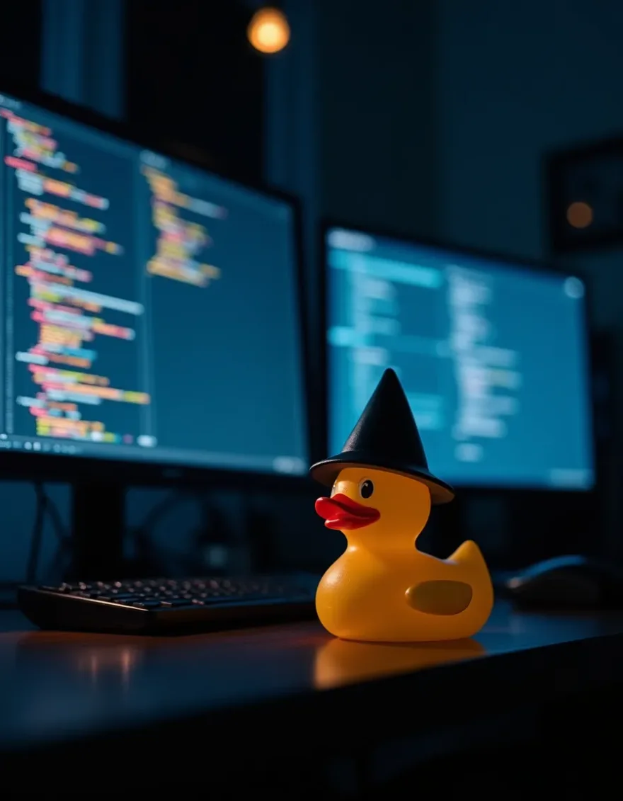 A developer's desk at midnight lit only by two code-filled monitors and a rubber duck wearing a tiny wizard hat, cozy cinematic detail