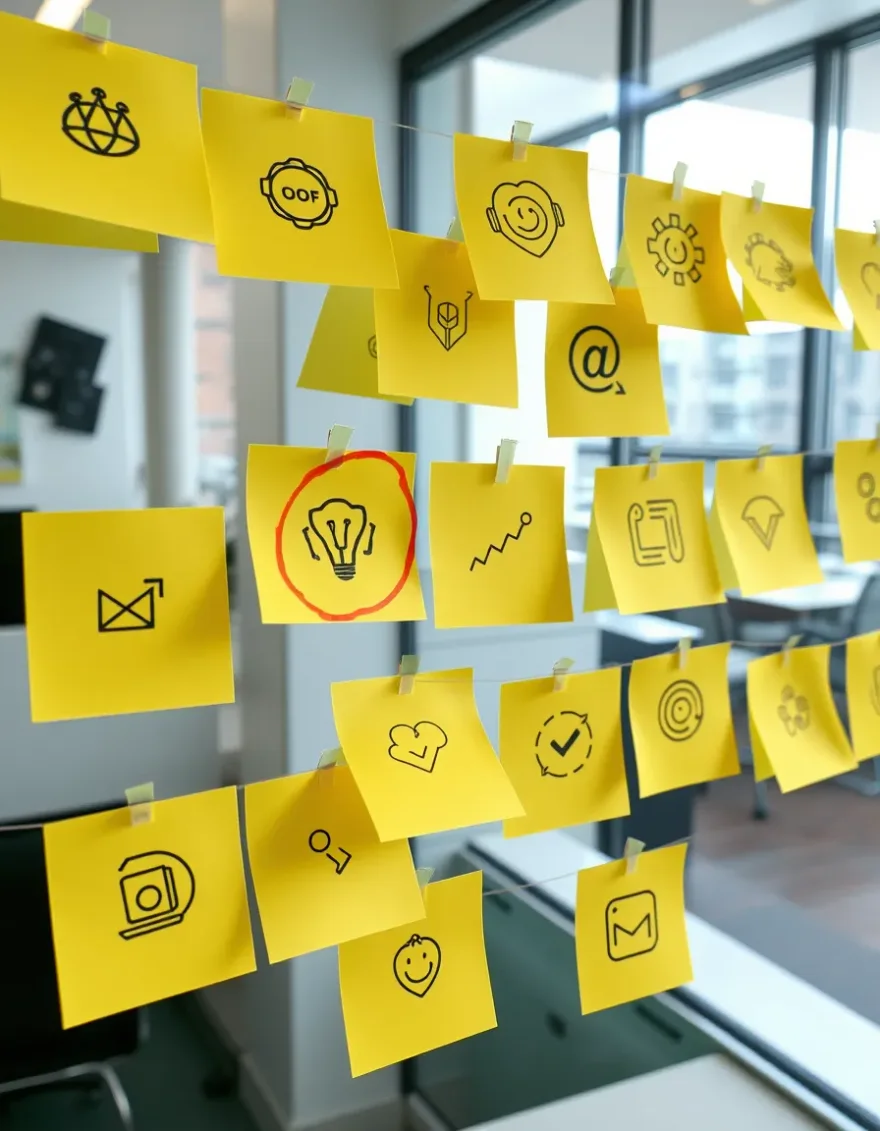 A wall of yellow sticky notes each with a different doodled logo concept, one circled in red marker, office window light