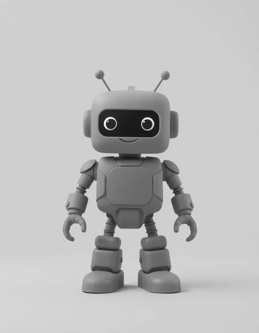 Low-fi gray clay 3D render of a friendly robot mascot for an app, neutral studio backdrop, prototype look