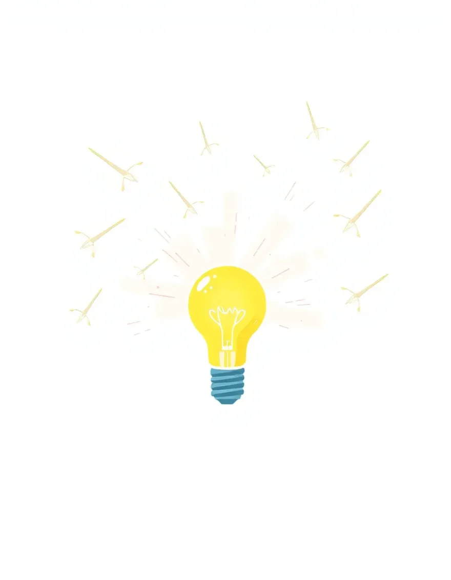 A lightbulb mid-explosion turning into a flock of paper airplanes, bold simple illustration on cream