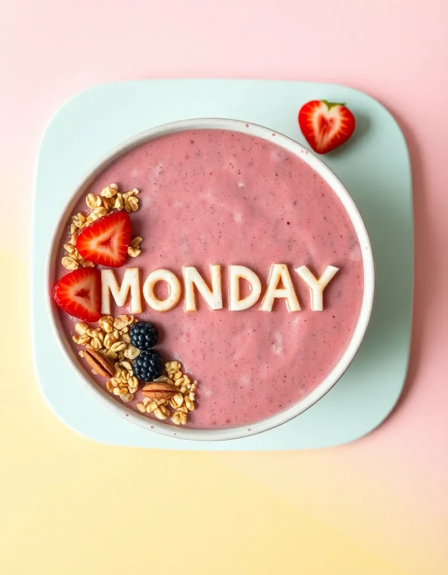 Flat-lay of an acai smoothie bowl with granola spelling MONDAY, bright pastel backdrop, phone-camera social media style