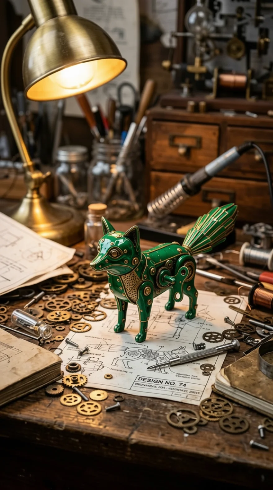 “Make the fox emerald green with gold accents — keep everything else identical”