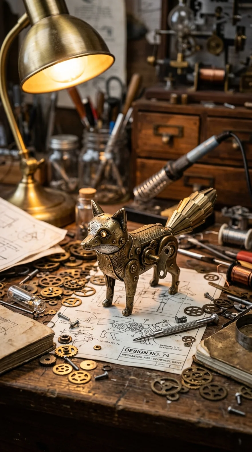 “A small brass wind-up fox toy on a cluttered inventor's workbench, warm desk-lamp light”