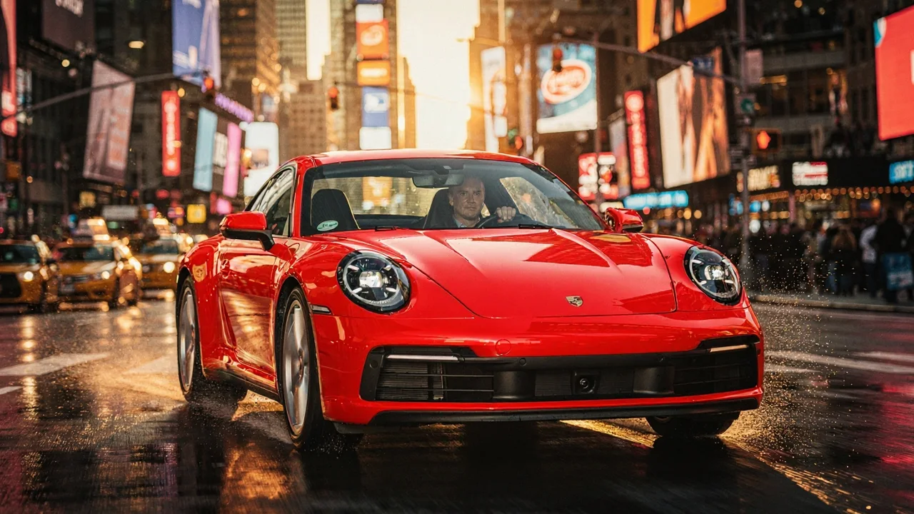 A guards-red 911 on a rain-soaked street — the single-subject edit