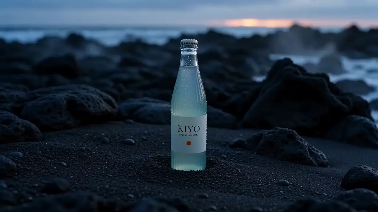 Drink campaign against a dramatic volcanic landscape