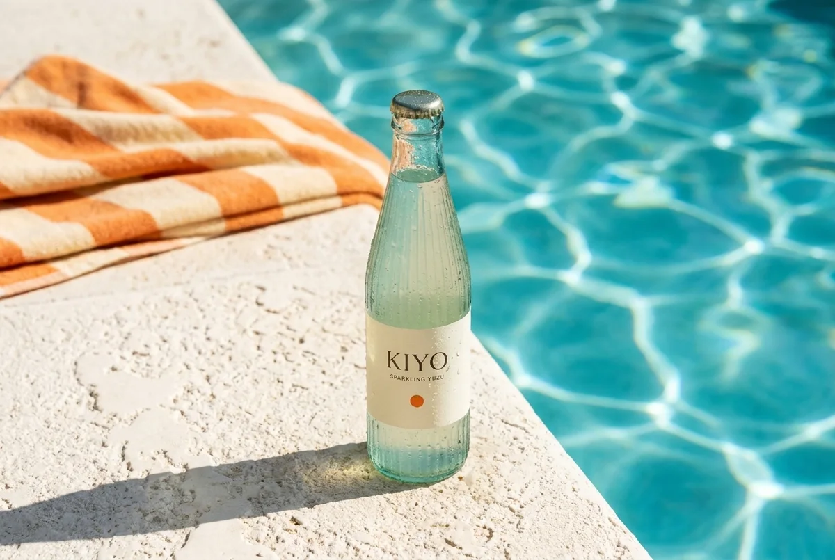 Summer drink campaign beside a turquoise pool