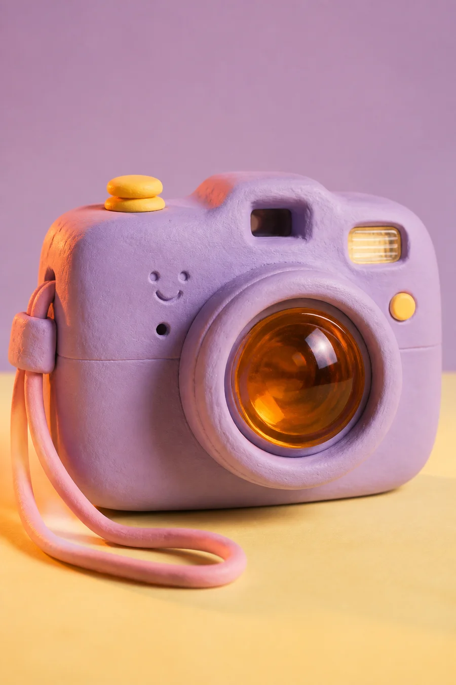 A lavender handmade clay camera with an amber lens