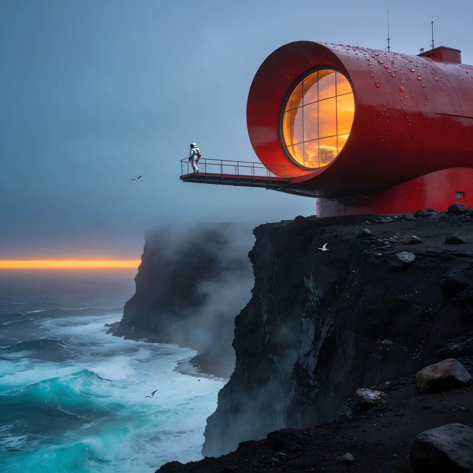 A cherry-red observatory on a volcanic cliff above an icy ocean