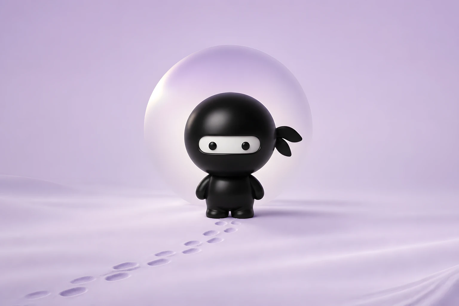 A little black Ninja with a trail of footprints in lavender sand