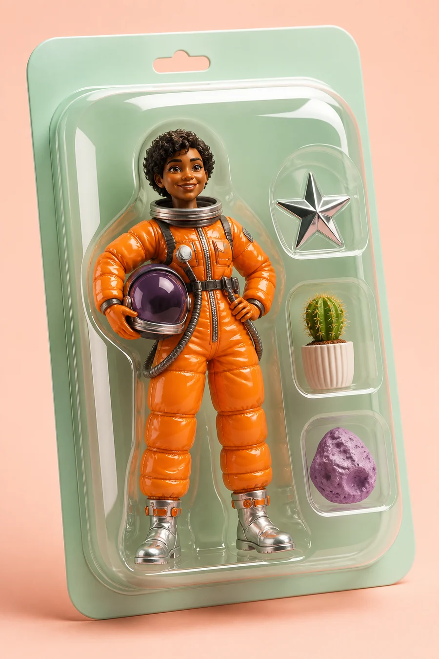 An astronaut collectible sealed in clear blister packaging