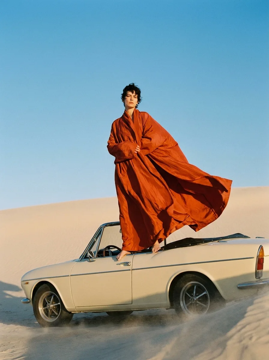 A model in a vermilion coat on a vintage convertible in the desert