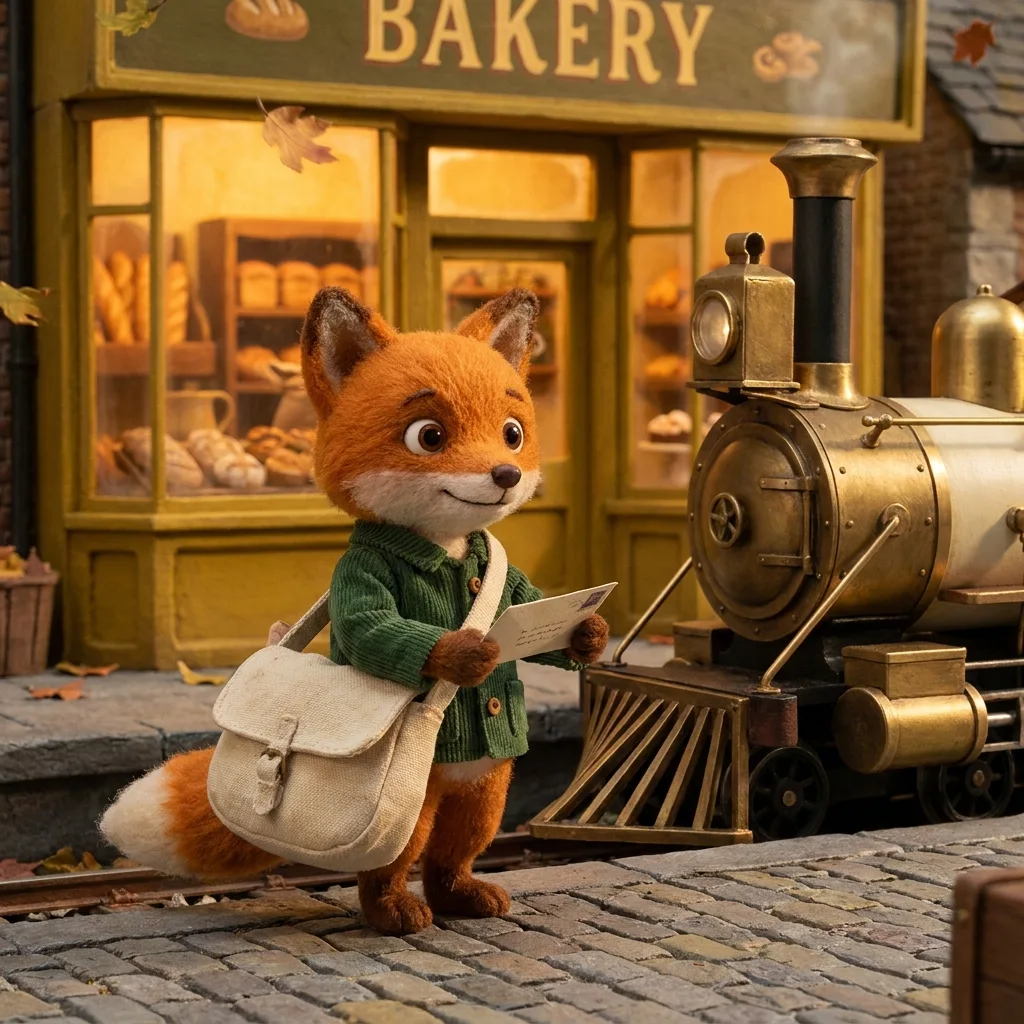 A handcrafted fox postman beside a steam train and village bakery