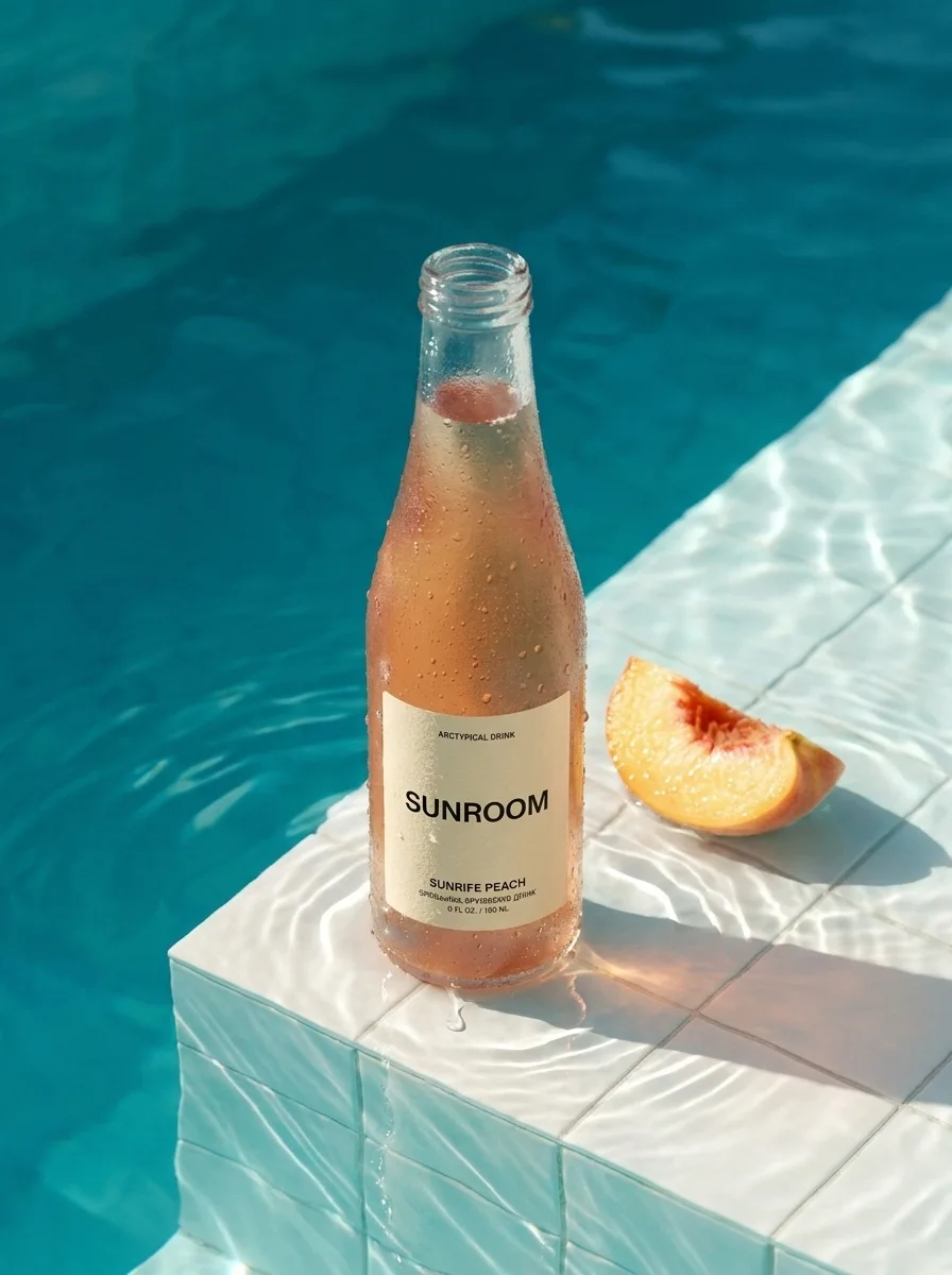 SUNROOM bottle reimagined beside a turquoise pool