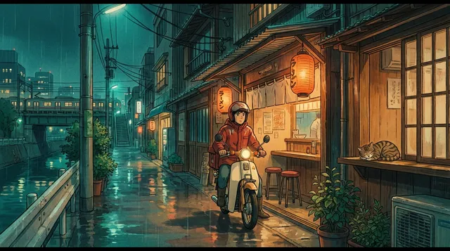 An anime courier outside a glowing ramen shop in the rain