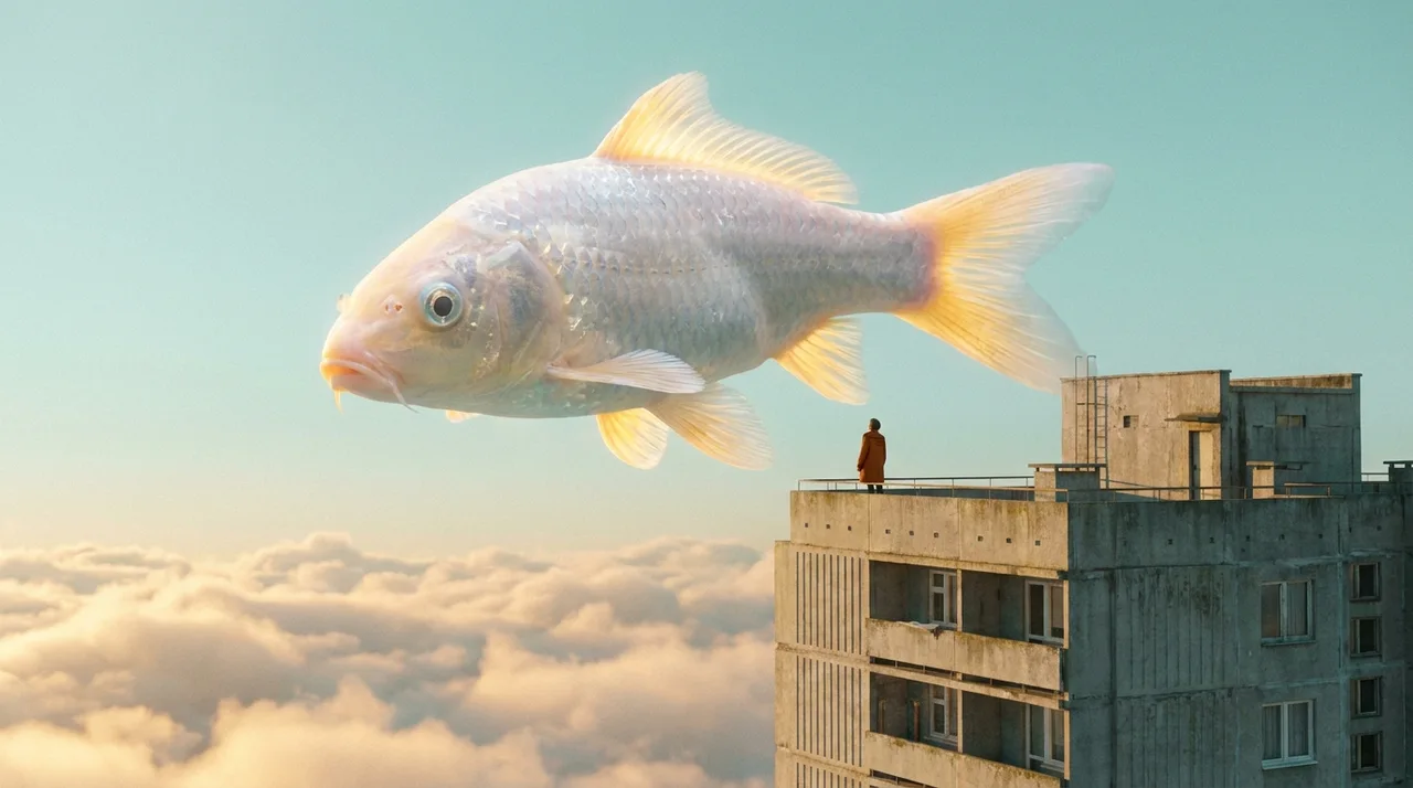 A giant translucent koi drifting over a concrete tower in the clouds