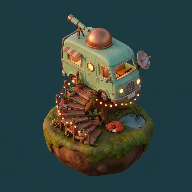 A cozy miniature observatory van on a floating island