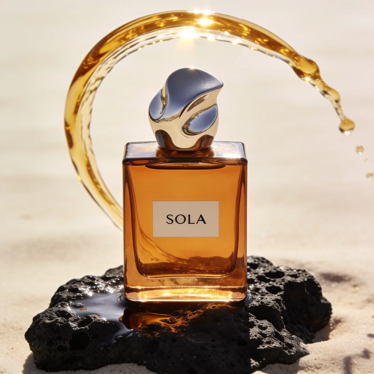 Amber skincare on volcanic rock surrounded by a golden liquid arc
