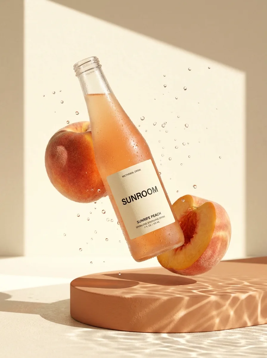 A peach drink bottle suspended among peaches in golden sunlight