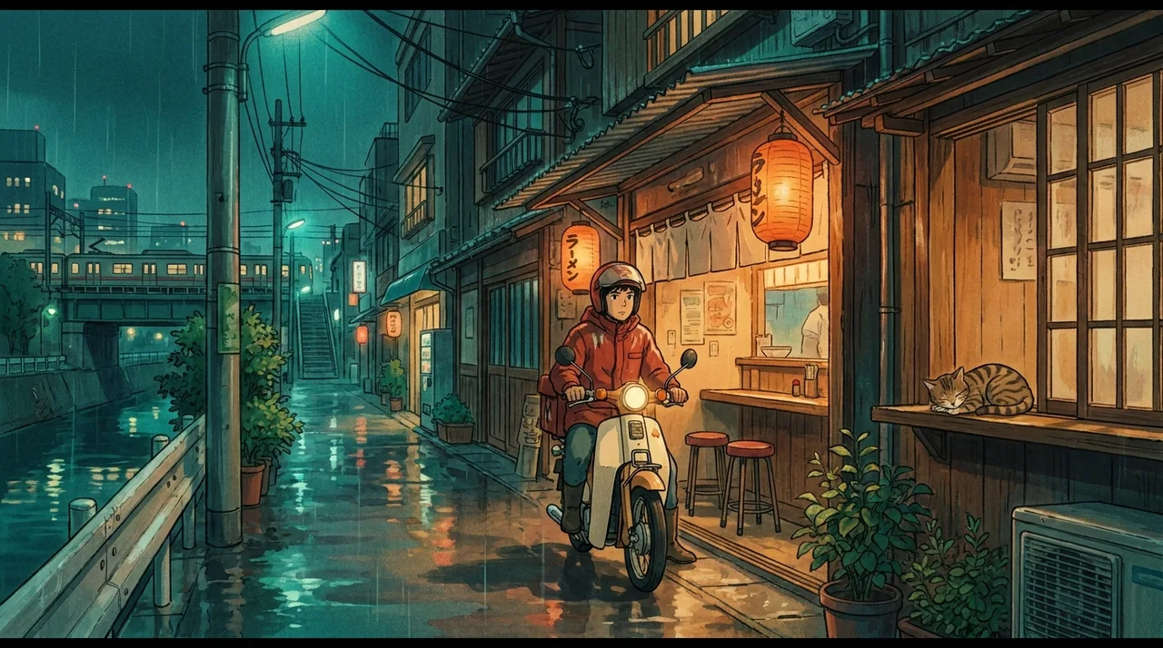An anime courier outside a glowing ramen shop in the rain