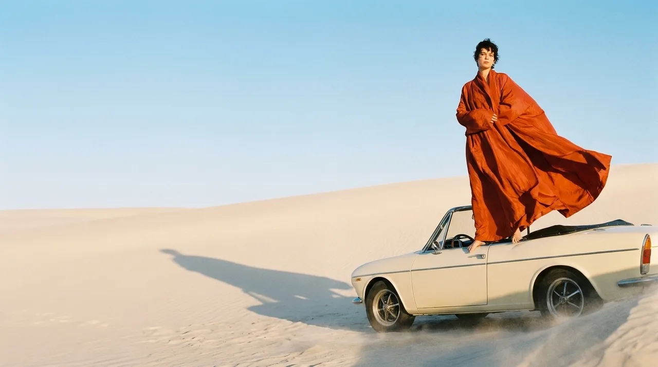 Fashion model in a flowing orange coat on a vintage convertible