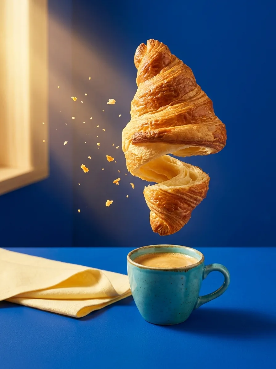 A sculptural levitating croissant over coffee against a blue backdrop
